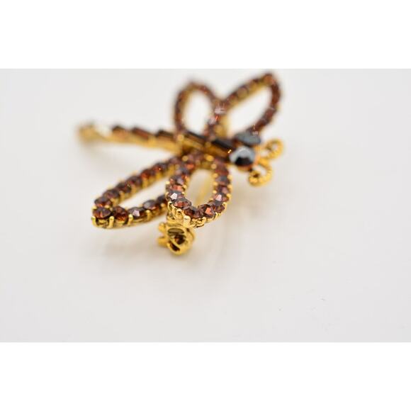 WM Vintage Dragonfly Crystal Pin Brooch Brown Rhinestone Gold Signed AS IS BinAJ - Picture 7 of 12